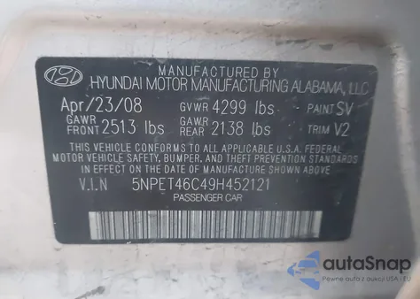 2009 Hyundai Sonata Gls from USA, damaged, VIN 5NPET46C49H452121